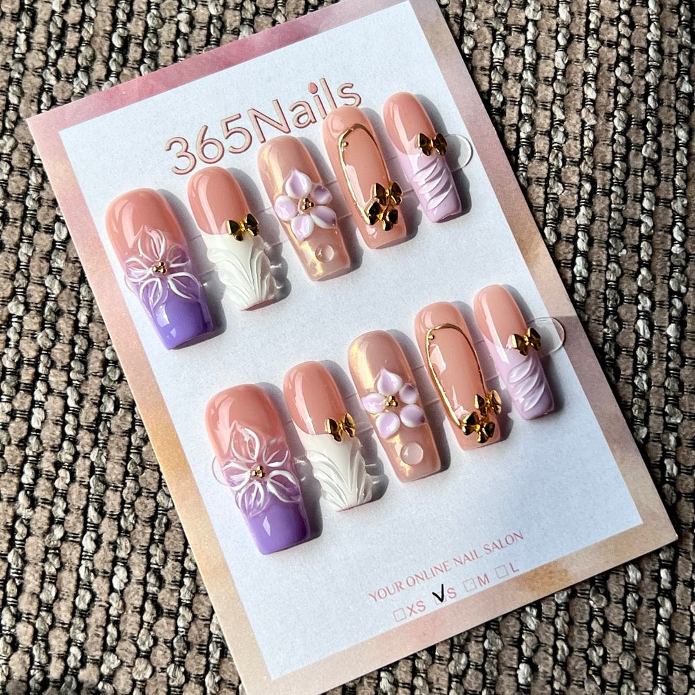 Lavender Petal - Purple Nude 3D Floral Press-On Nails