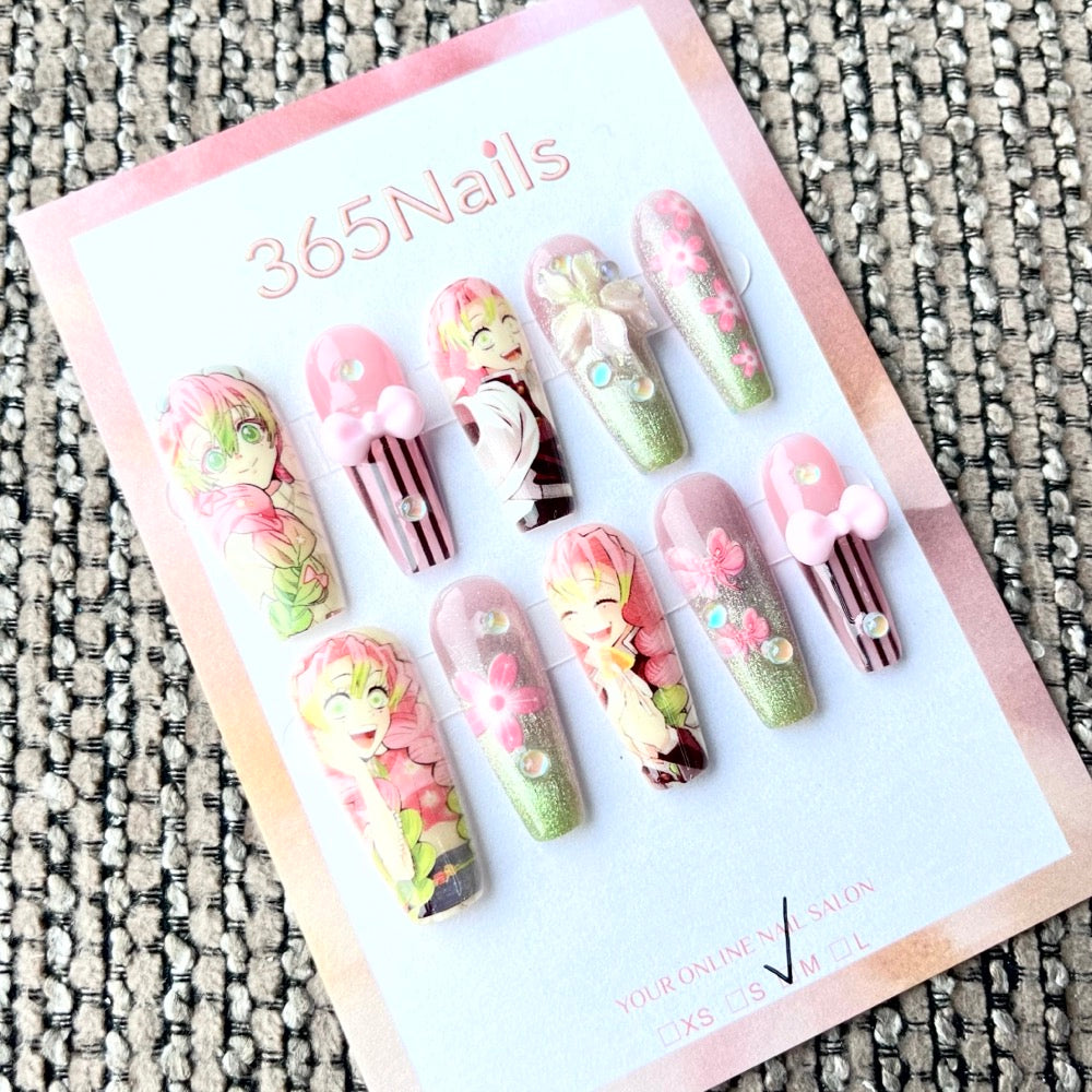 365nails: "Demon Slayer Mitsuri Kanroji" – Handmade Medium Trapezoid Press-On Nails