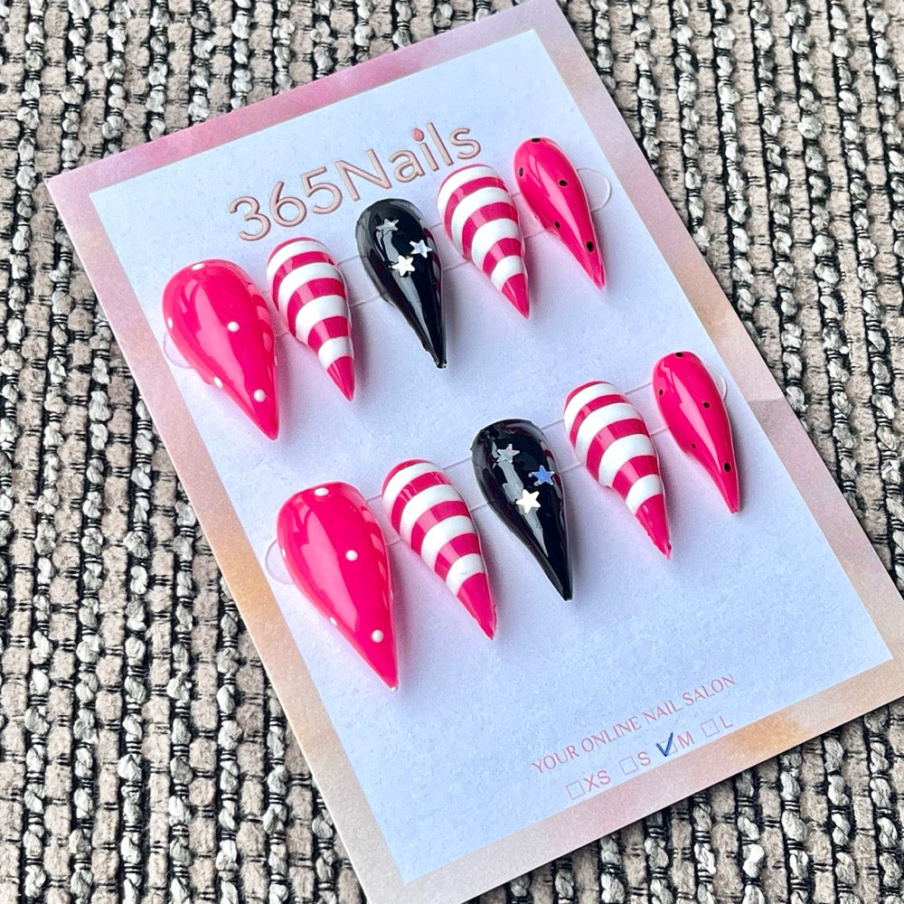 365nails: "Hot Pink Stripe Polka Dot Star Y2K" – Hand Drawn Graphic Handmade Long Stiletto Nails