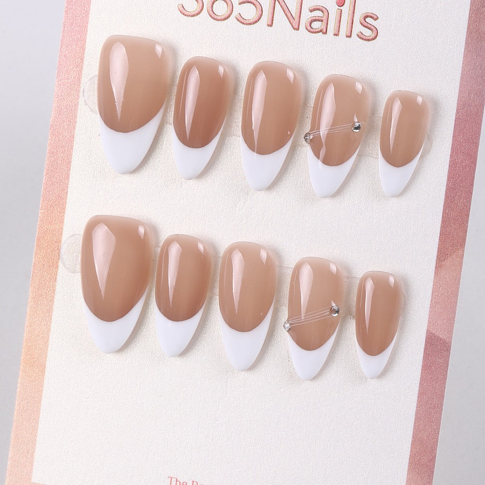 365Nails Nude Coffee V-French Press-On Nails with Subtle Rhinestone Accents