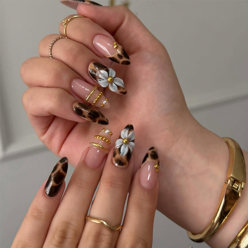 3D French Floral Glossy Pink White Almond Short Press On Nails – Design 73