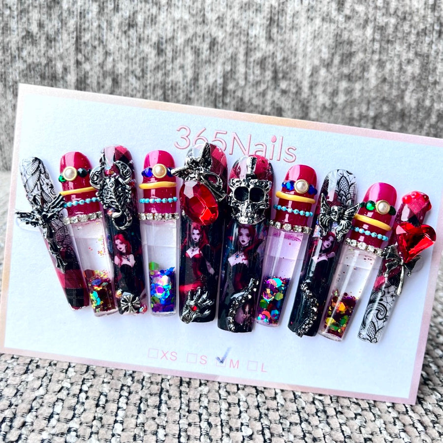 365nails : « Cœur rebelle » – ongles forme coffin faits main, personnages tête de mort 3D — 5.5cm