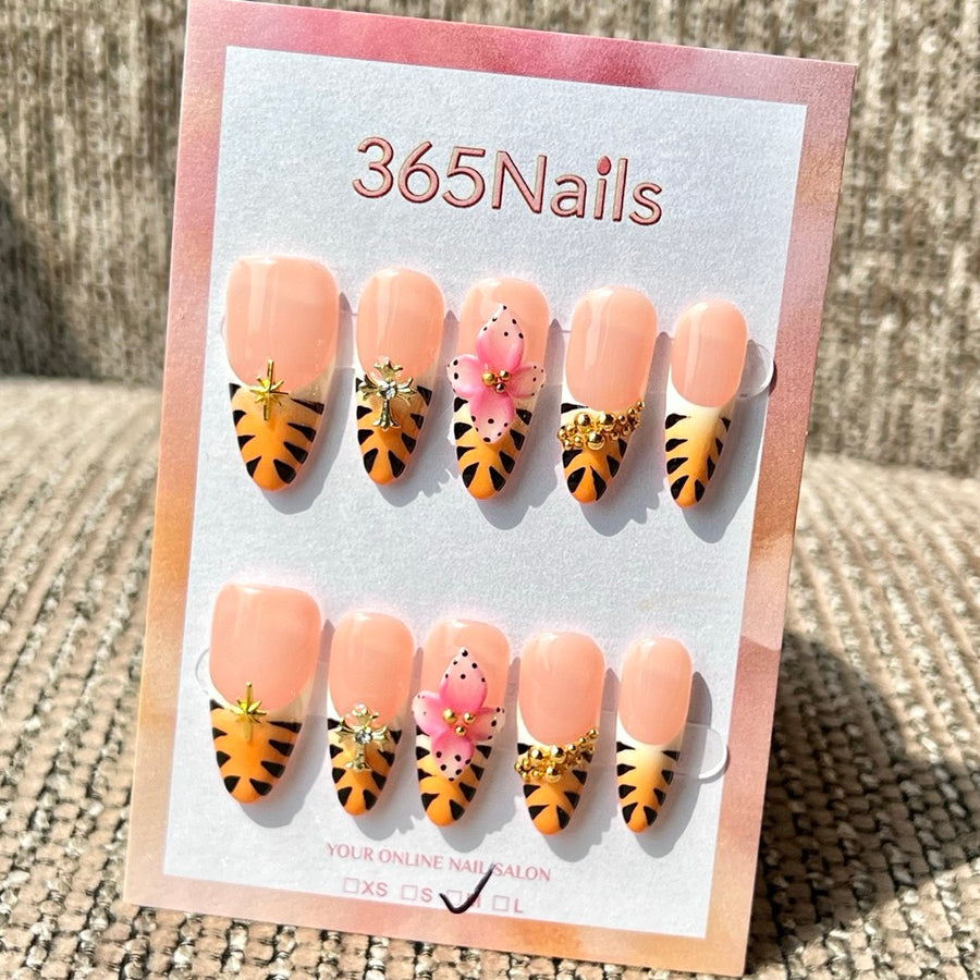 365nails: "Tiger Print Sakura Cross" – Handmade Medium Stiletto Press-On Nails