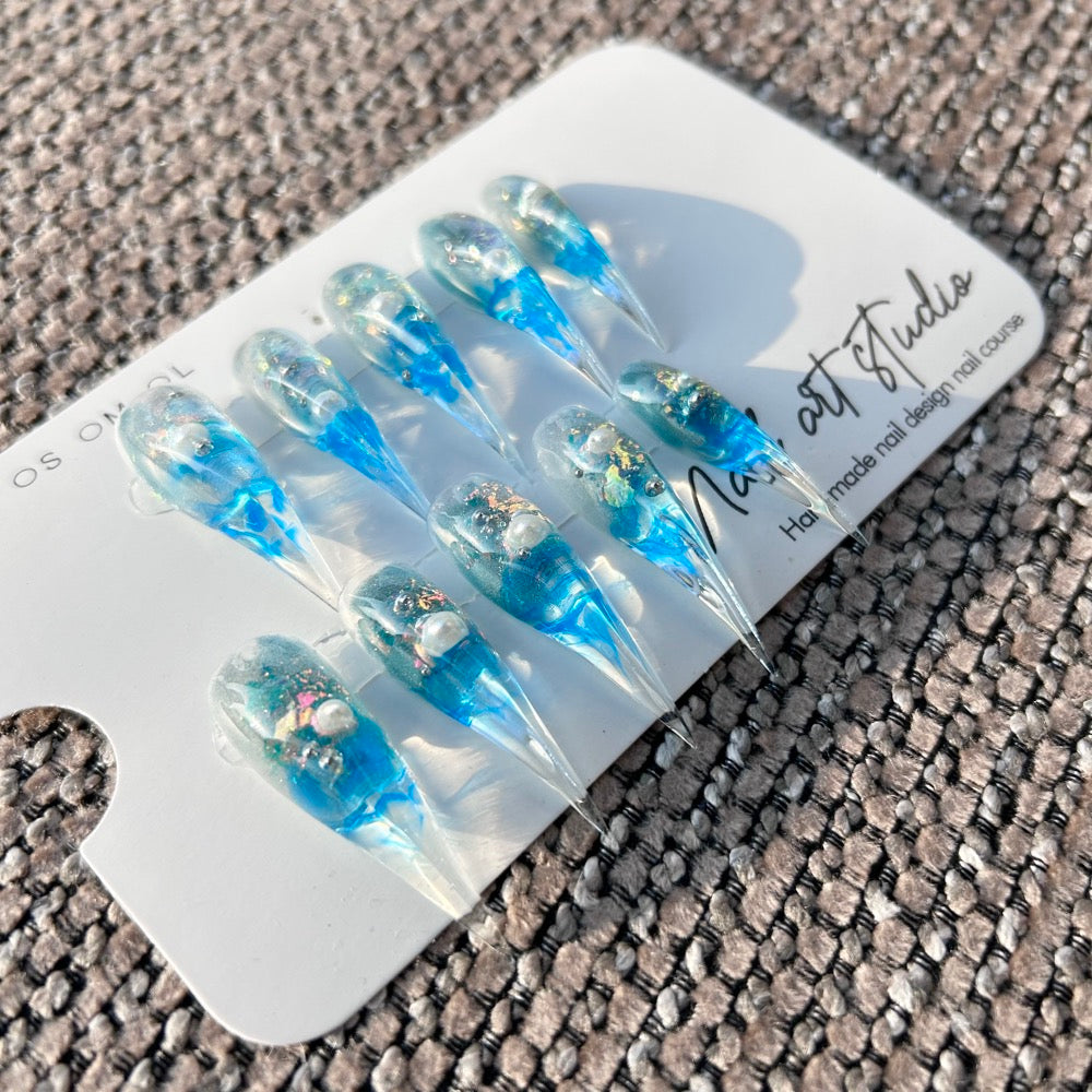 Glacier Mermaid Tears Press On Nails｜Icy Blue Water Ripple Long Stiletto