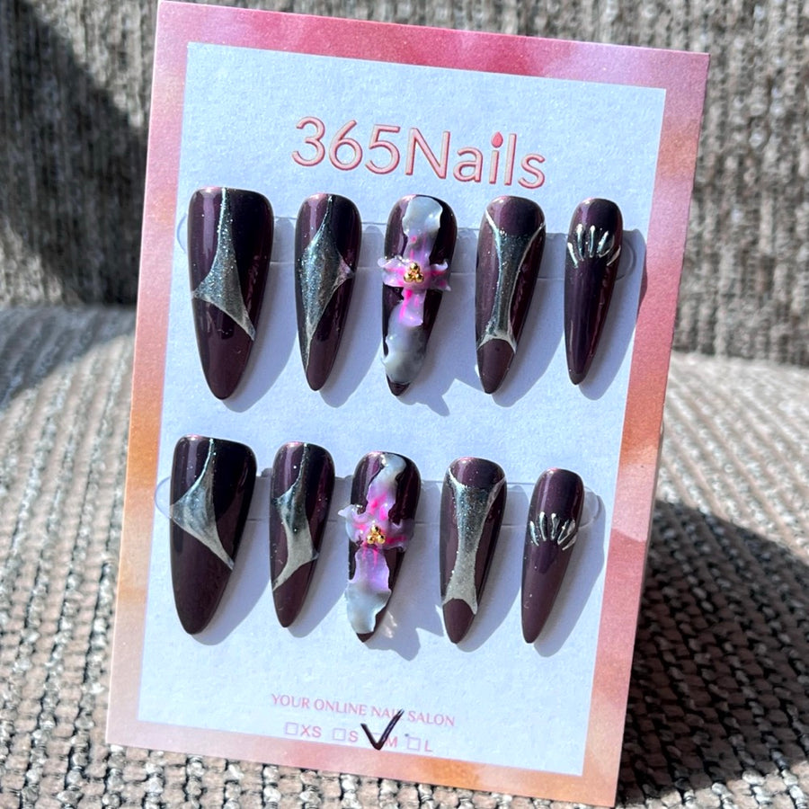 365nails: "Midnight Velvet" – 3D Floral & Spider Gel Handmade Stiletto Nails
