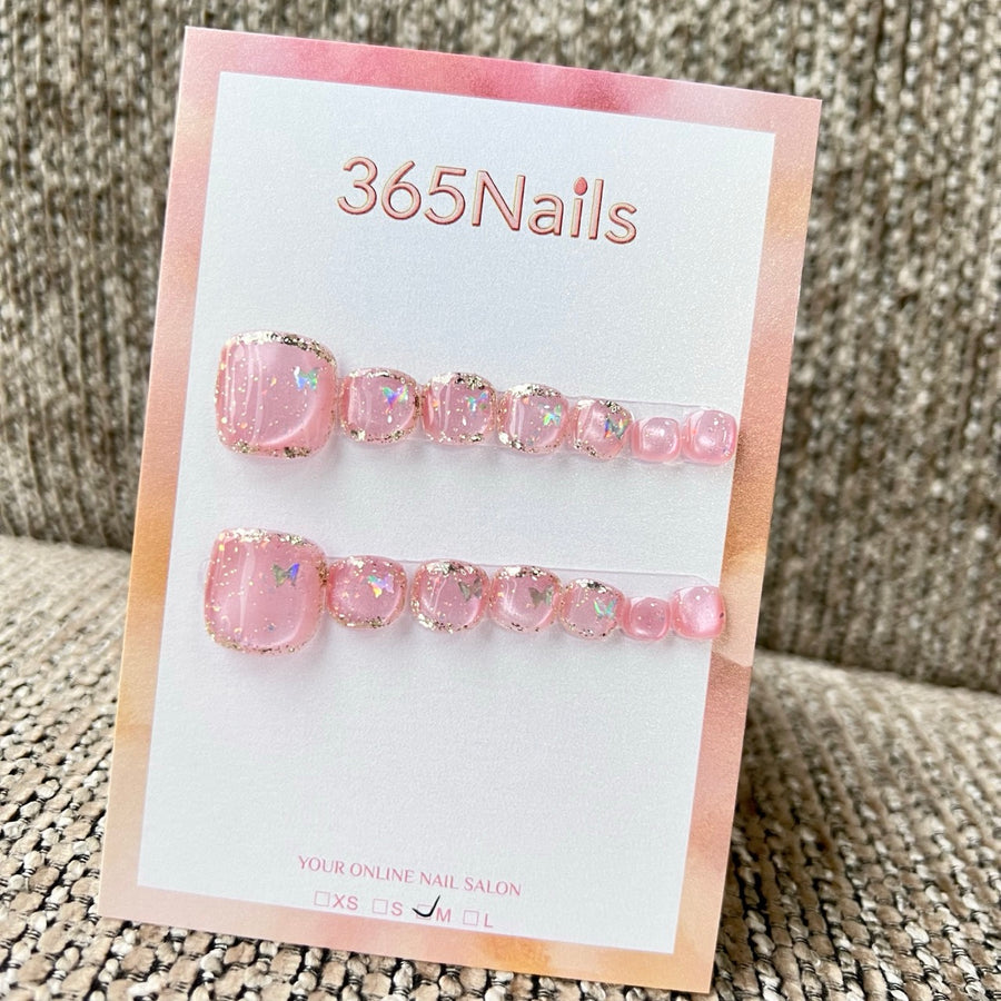 365nails: 복숭아 핑크 & 나비 디자인 – 수제 발 프레스온 네일