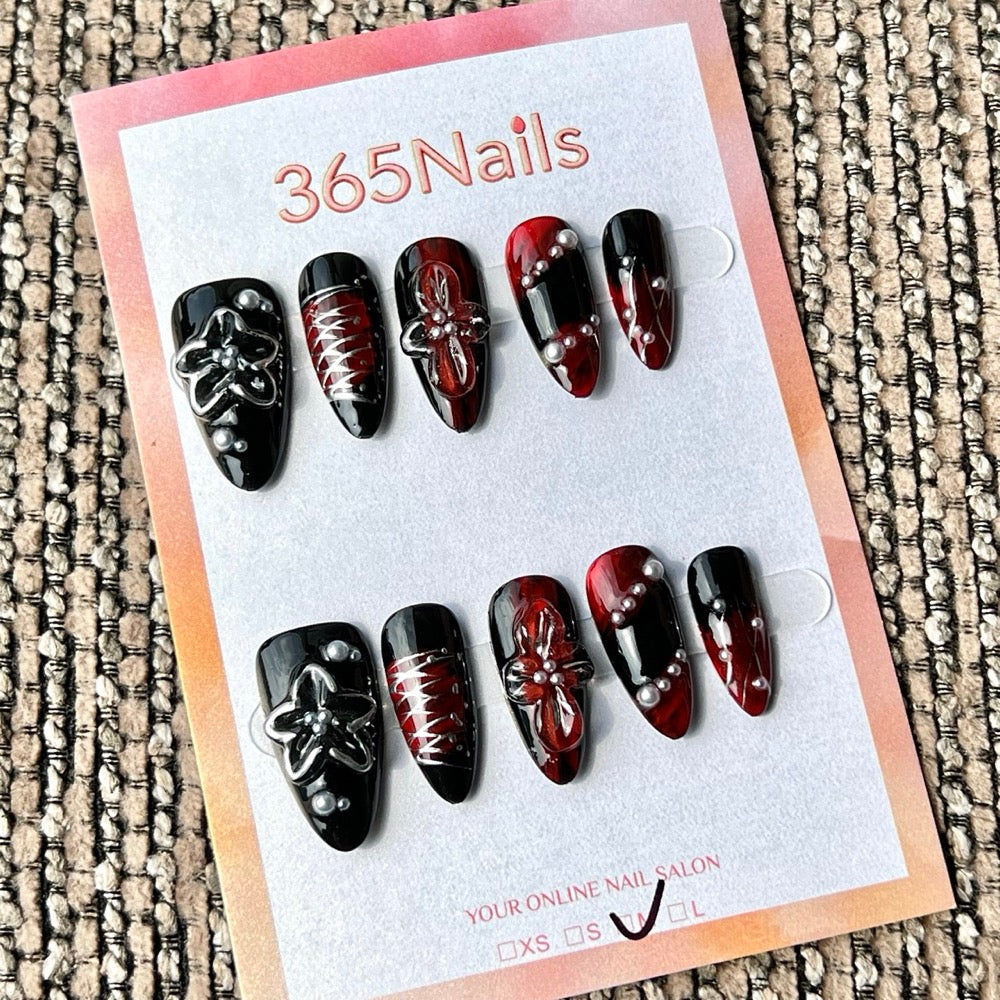 365nails: "Black Red Gothic Flower 3D" – Handmade Medium Stiletto Press-On Nails