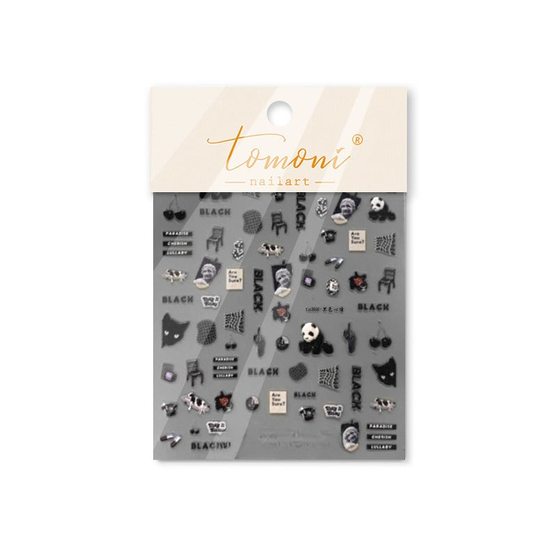 Monochrome Panda & Cat Nail Stickers – 5D Embossed Edgy Minimalist Set