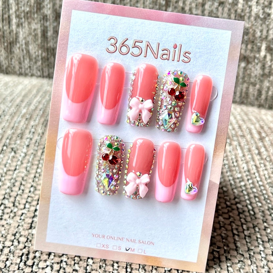 365nails: "Blush Cherry & Bow" – Handmade Medium Square Press-On Nails
