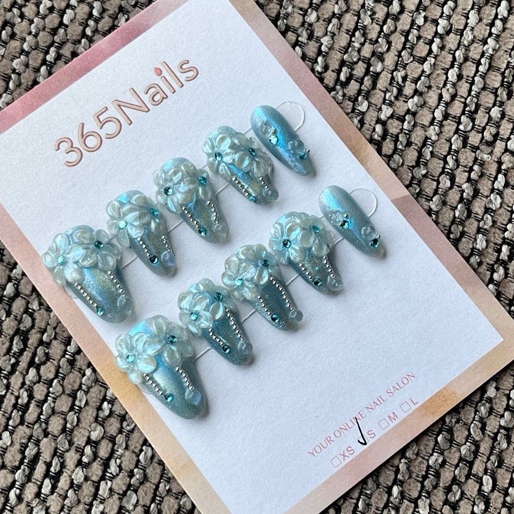 Light Blue 3D Flower & Rhinestone Press-On Nails