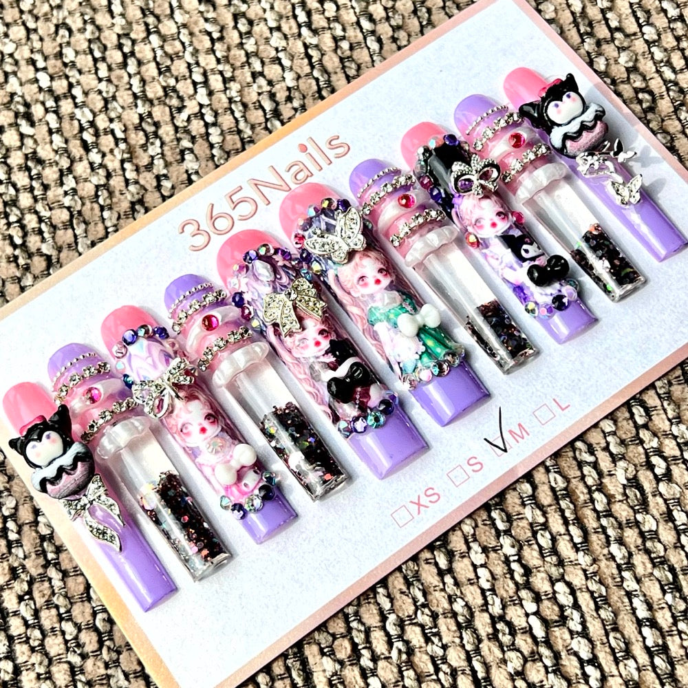 365nails: "Purple Kawaii Doll" – Handmade Kuromi Liquid Motion Press-On Long Pipe Nails-5.5cm
