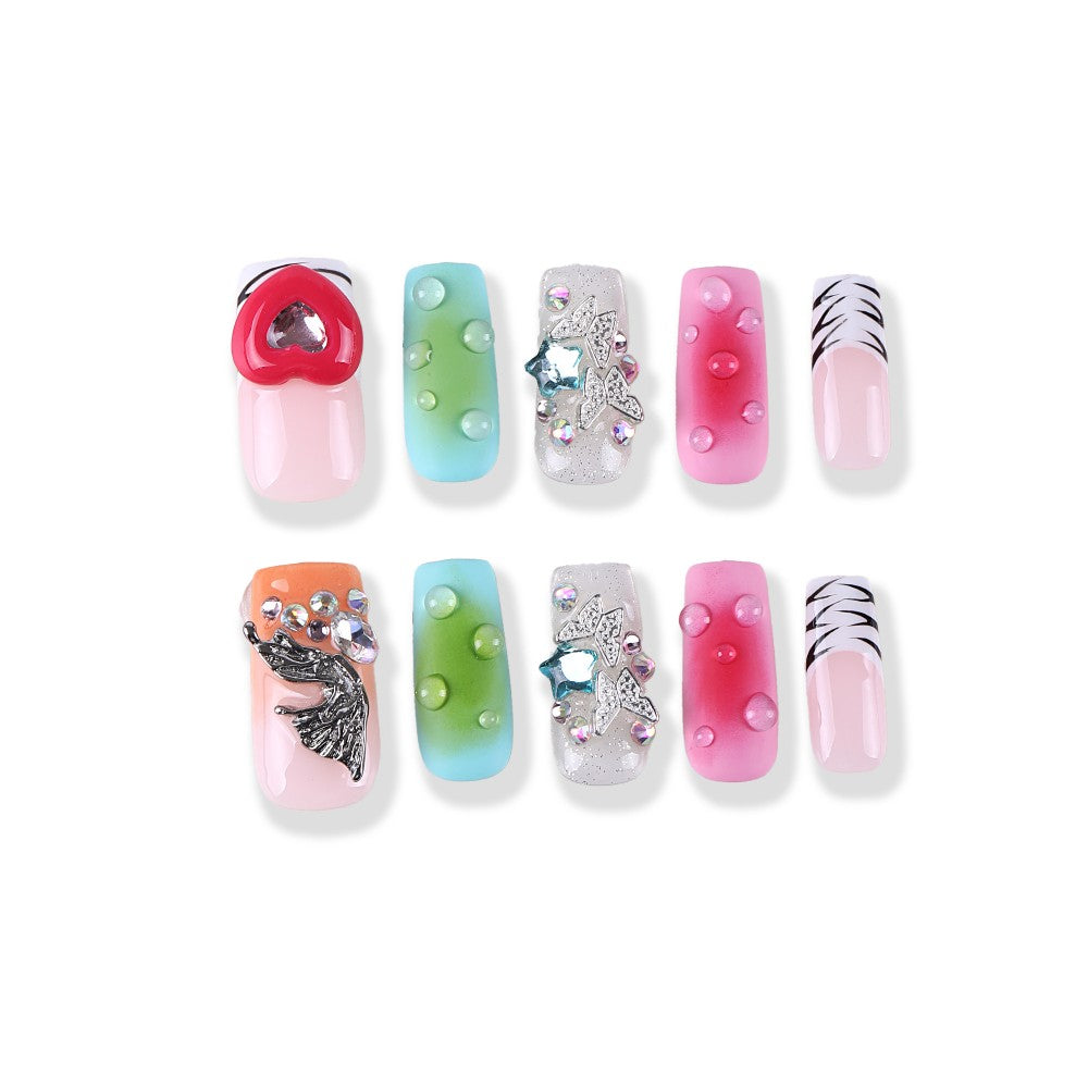 Colorful jelly gradient silver shimmering star heart wing rhinestone inlay medium square hand-painted press on nail