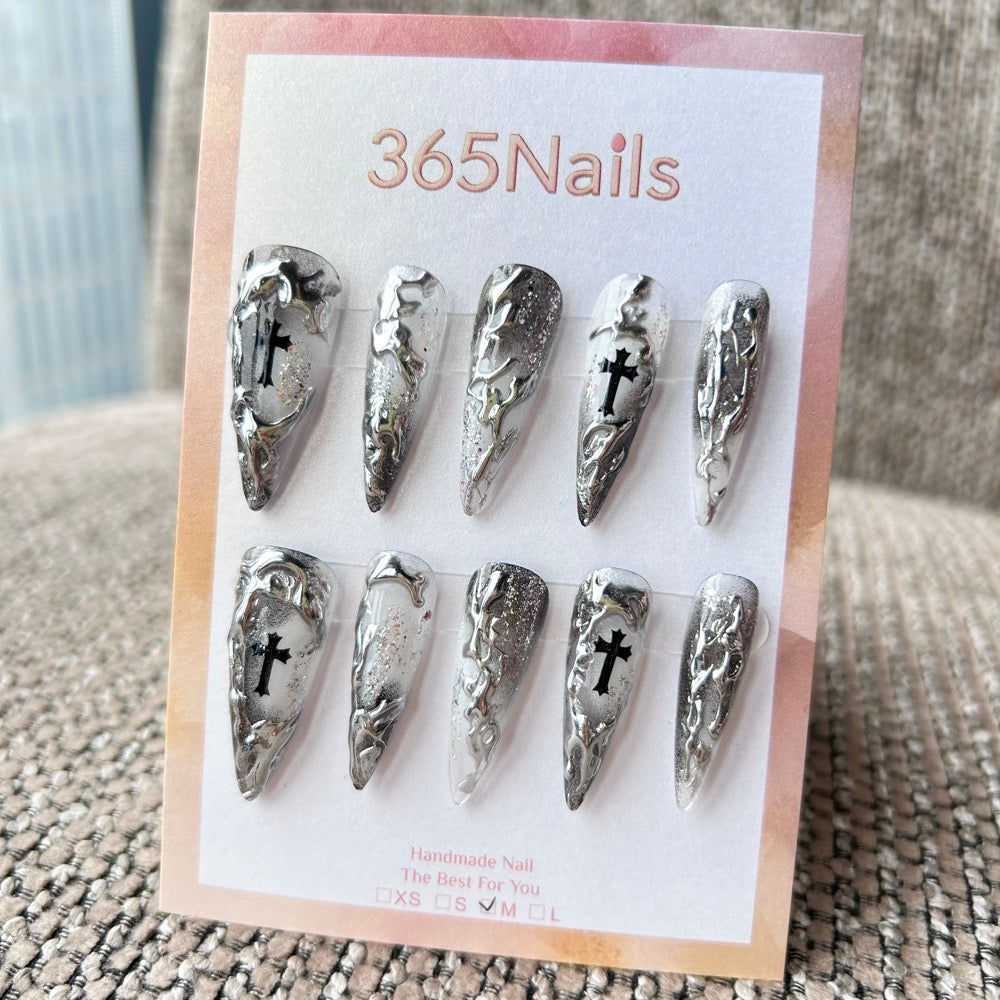 Femme Fatale: "Silver Redemption" – Smokey Grey Ombre with 3D Liquid Chrome & Black Gothic Cross Long Stiletto Nails