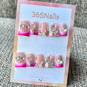 365nails: "Pink Gradient Rhinestone Charm" – Handmade Short Trapezoid Press-On Nails