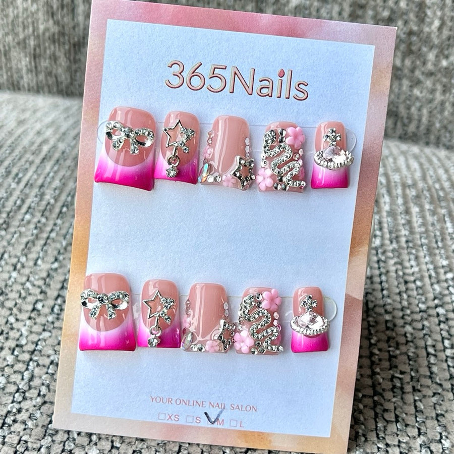 365nails : Charme dégradé rose à strass — ongles press-on courts forme trapèze, fait main
