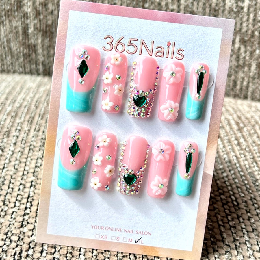 365nails: "Pink & Turquoise Gem Bloom" – Handmade Long Square Press-On Nails