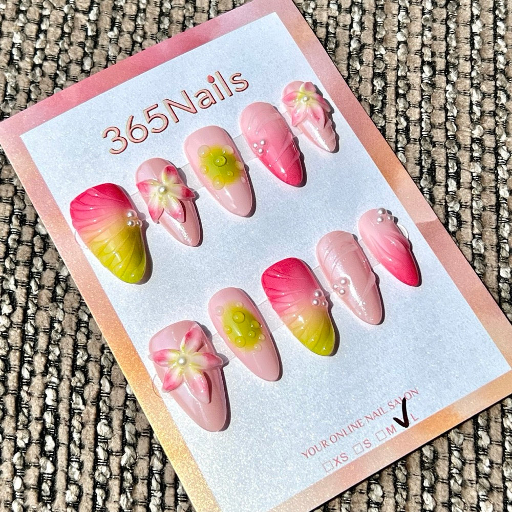 365nails: "Pink Green Flower Wave 3D" – Handmade Medium Stiletto Press-On Nails