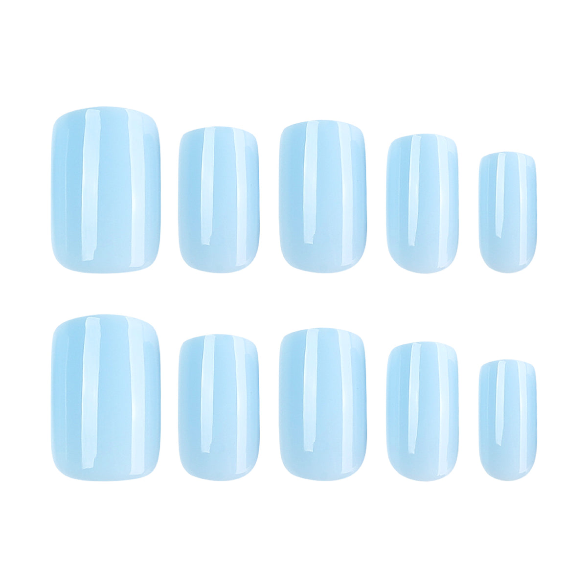 Five pairs of light blue square nail tips in different sizes.