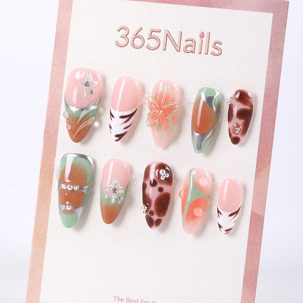365nails nude base green-brown mix leopard & floral almond press-onsSold in packs of 5. Minimum order: 1 pack (5 pcs). Quantity = number of packs. Qty 1 = 5 pcs