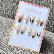 Nude & White Almond Press-On Nails with Leopard Print & 3D Flowers