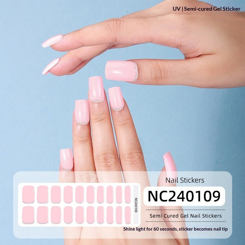 Semi-Cured Gel Nail Strips French Glitter Pink Sparkle Glossy Set (MOQ=3)
