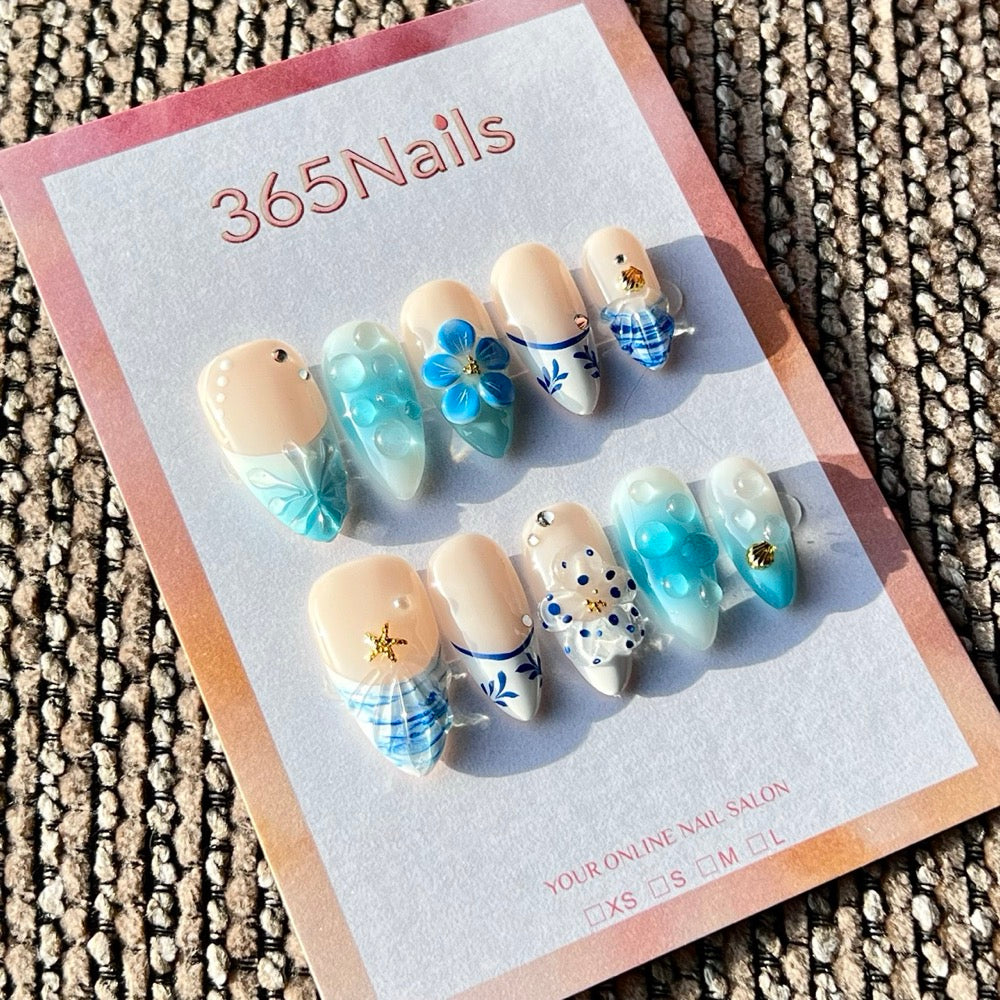 365nails: "Ocean Blue Bubble Flower" – Handmade Medium Almond Press-On Nails