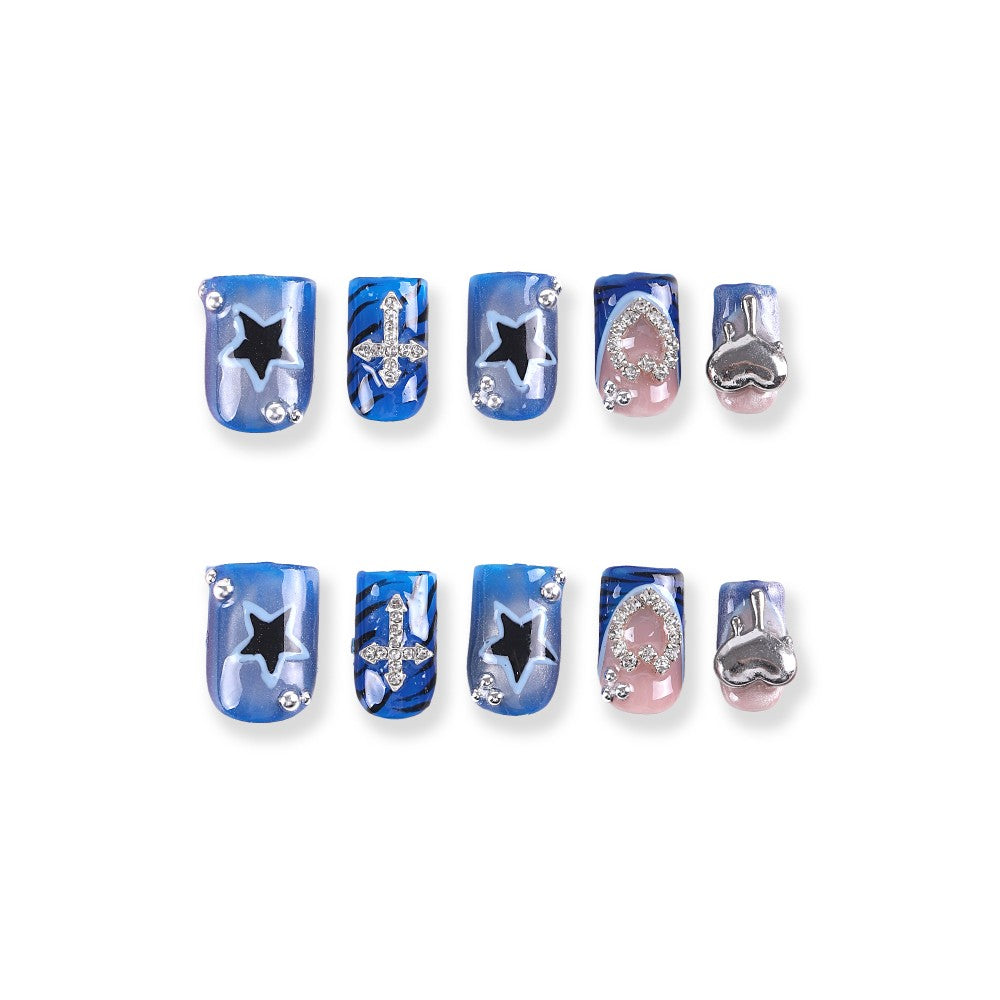 Blue Star and Cross Press-On Nails with Metallic Heart Accents