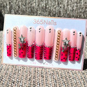 365nails: "Hot Pink Animal" – 3D Star & Chain Handmade Long Coffin Nails