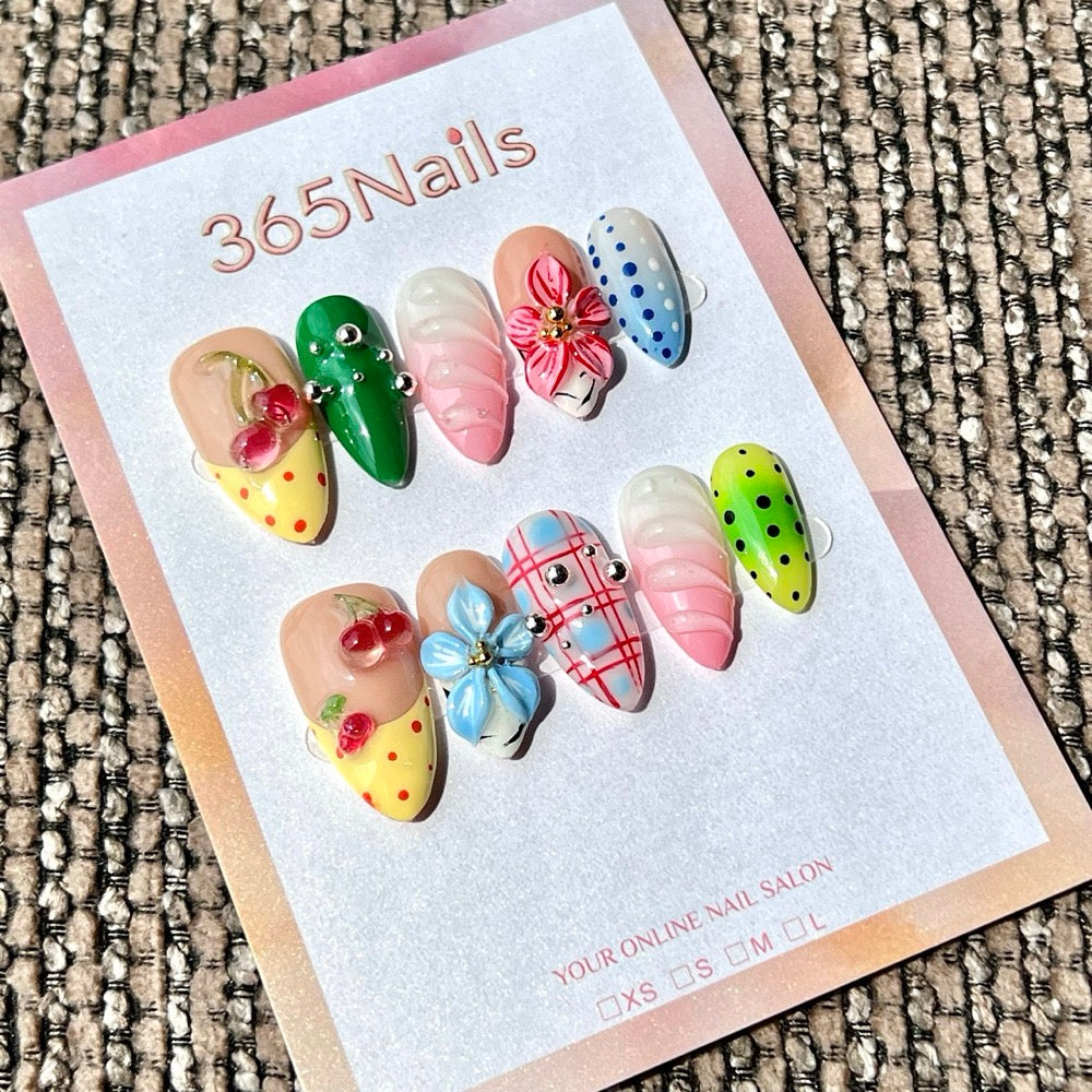365nails: "Picnic Cherry Bloom" – 3D Floral Handmade Medium Oval Press On Nails