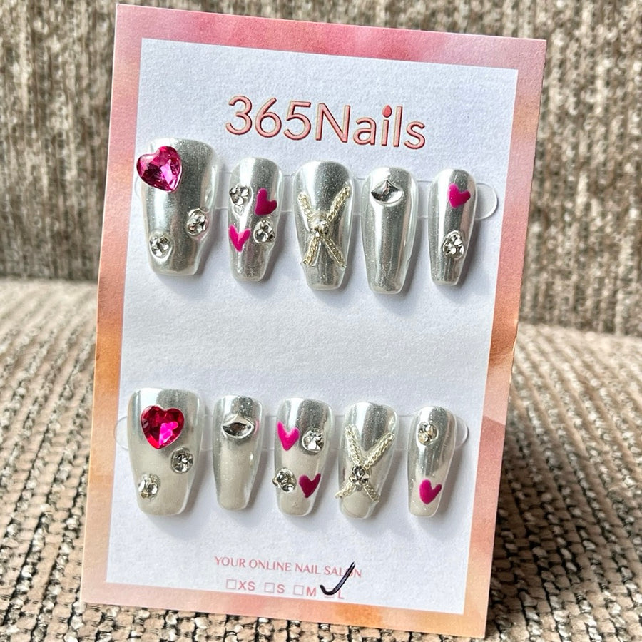 365nails 실버 핑크 하트 라인스톤 믹스 수제 미디엄 코핀형 프레스온 네일