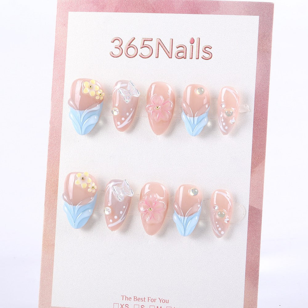 Nude Blue Pink Yellow Press-On Nails with Flower and Butterfly Design