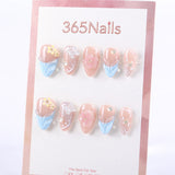 Nude Blue Pink Yellow Press-On Nails with Flower and Butterfly Design