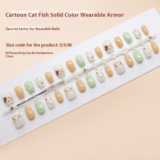 Nail Tips  prefabricated nail, press on nails, cute cat fish removable nail piece cartoon solid color short T nail patch ｜365nails