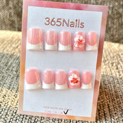 365nails：粉白花朵 — 手工製短款梯形穿戴甲