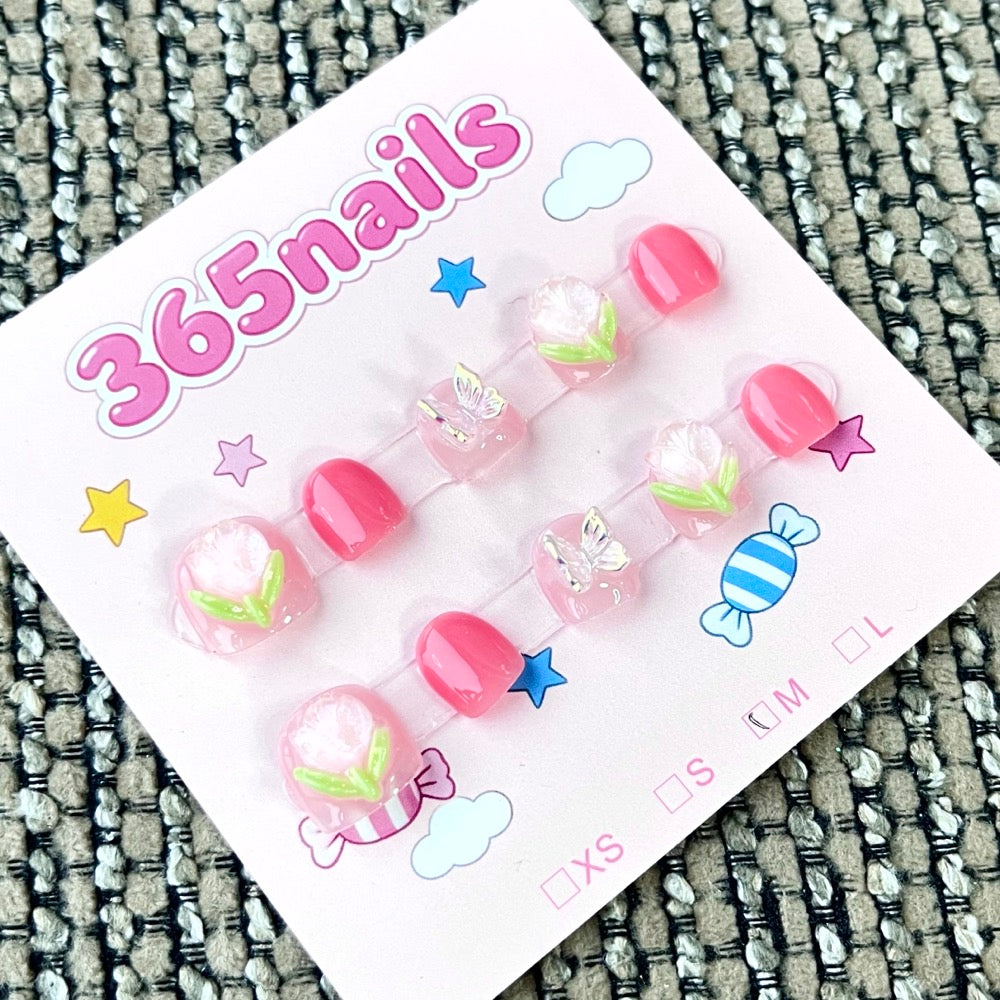 365nails: "Pink Blossom" – 3D Floral & Glitter Handmade Short Square Nails