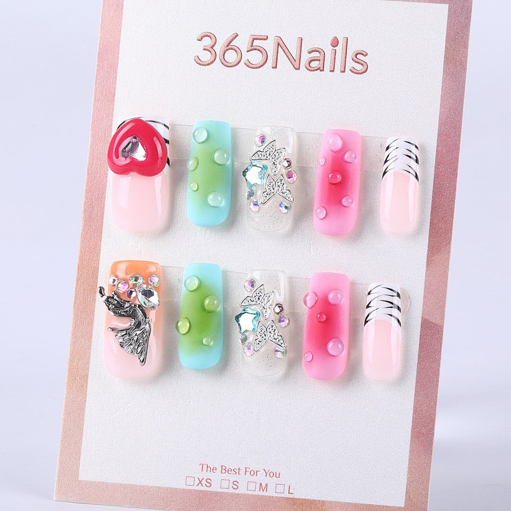 Colorful jelly gradient silver shimmering star heart wing rhinestone inlay medium square hand-painted press on nail