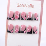 Pink Black Press-On Nails with 3D Floral Design