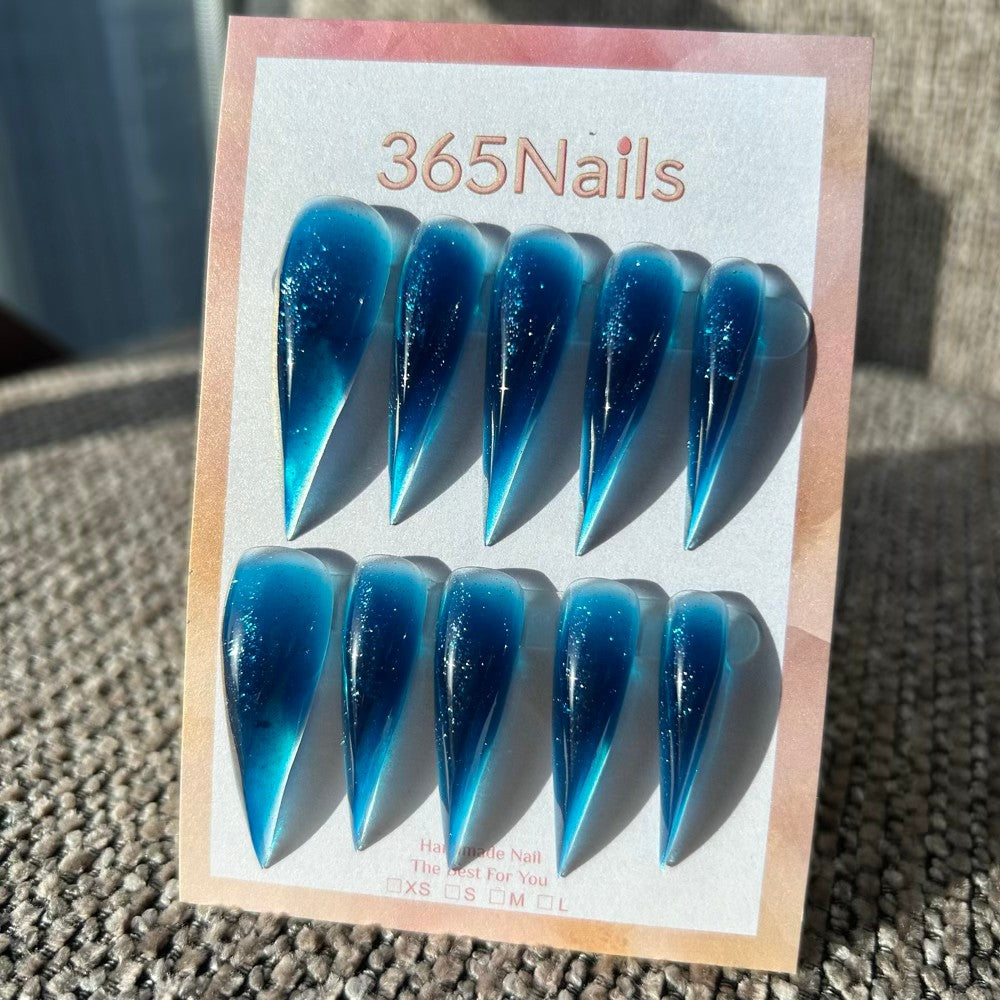 Deep Sea Stardust Dragon Claw Stiletto Jelly Blue Glitter Handmade Dragon Nail