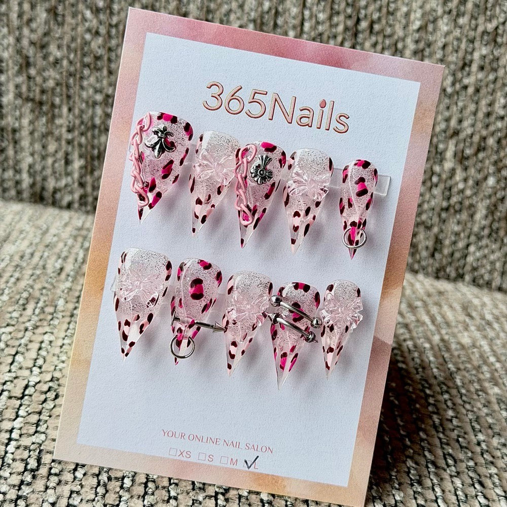 365nails: "Pink Leopard Cross Piercing Chain" – 3D Resin Flower Metal Charm Handmade Long Stiletto Nails