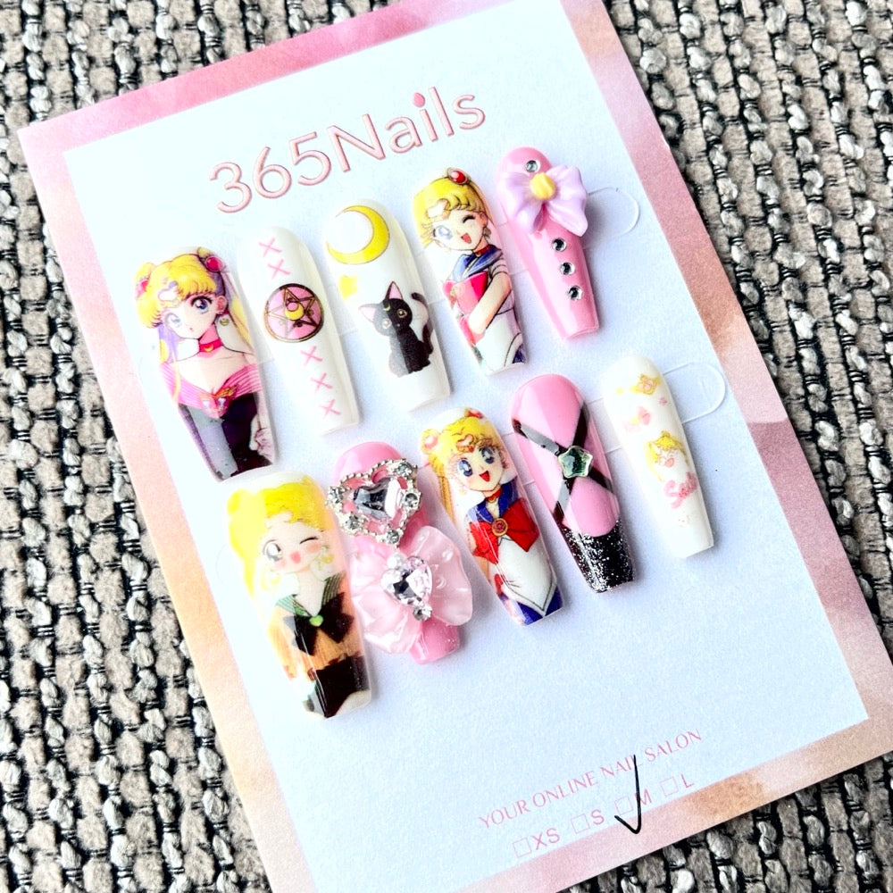 365nails: "Sailor Moon Usagi" – Handmade Medium Trapezoid Press-On Nails