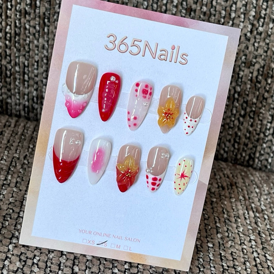 Ruby Citrus Mix - Red 3D Floral Press-On Nails