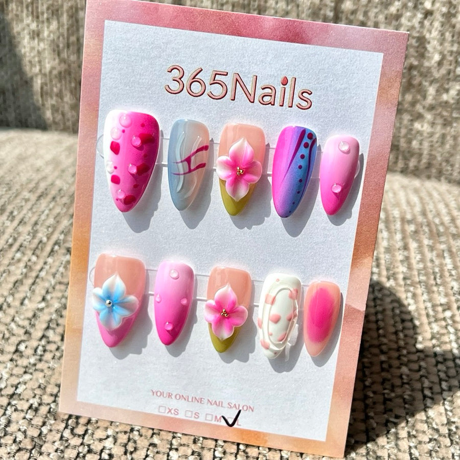365nails — Mix rose et bleu (fleurs et bulles) — ongles press-on mi-longs, forme stiletto, fait main