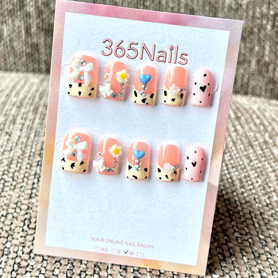 "Peach Cow Print Bow Heart" - Wholesale Ultra-Soft Flexible Fit Handmade Nails (MOQ=100)
