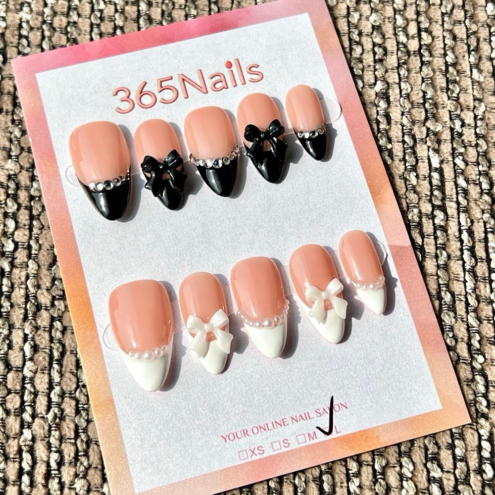 365nails：雙色蝴蝶結法式 — 3D 蝴蝶結 手工製 中長款 尖形 穿戴甲