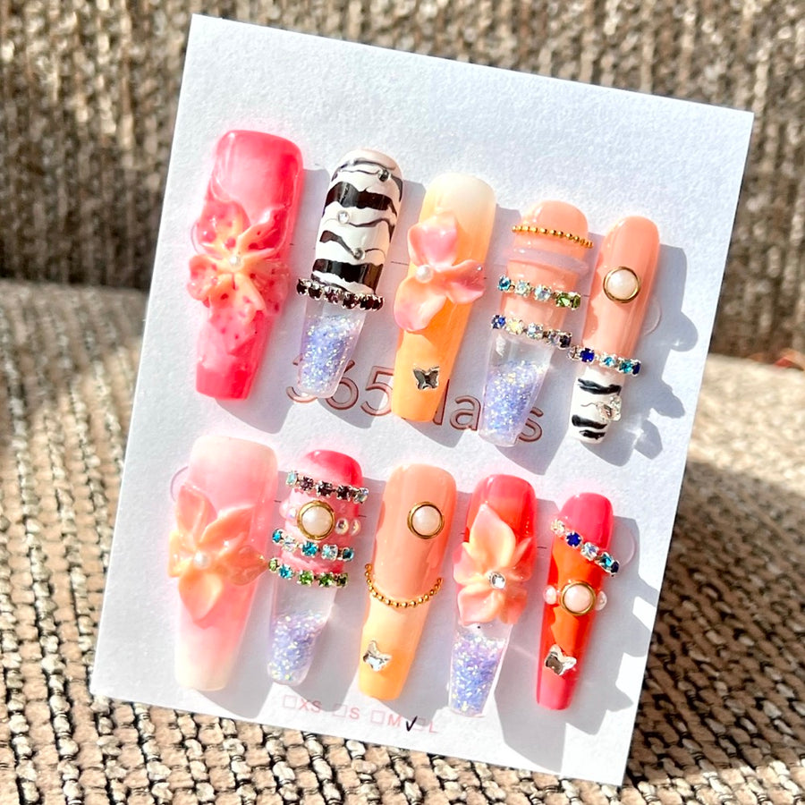 365nails: "Tropical Sunset Orchid" – 수제 리퀴드 모션 프레스온 미디엄 스퀘어형 네일 - 3.5cm