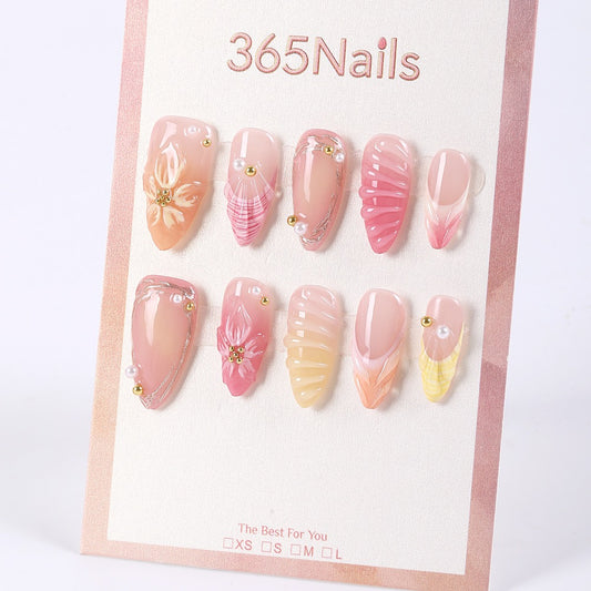 365nails sunset jelly florals & feather ombré with pearls press-ons
