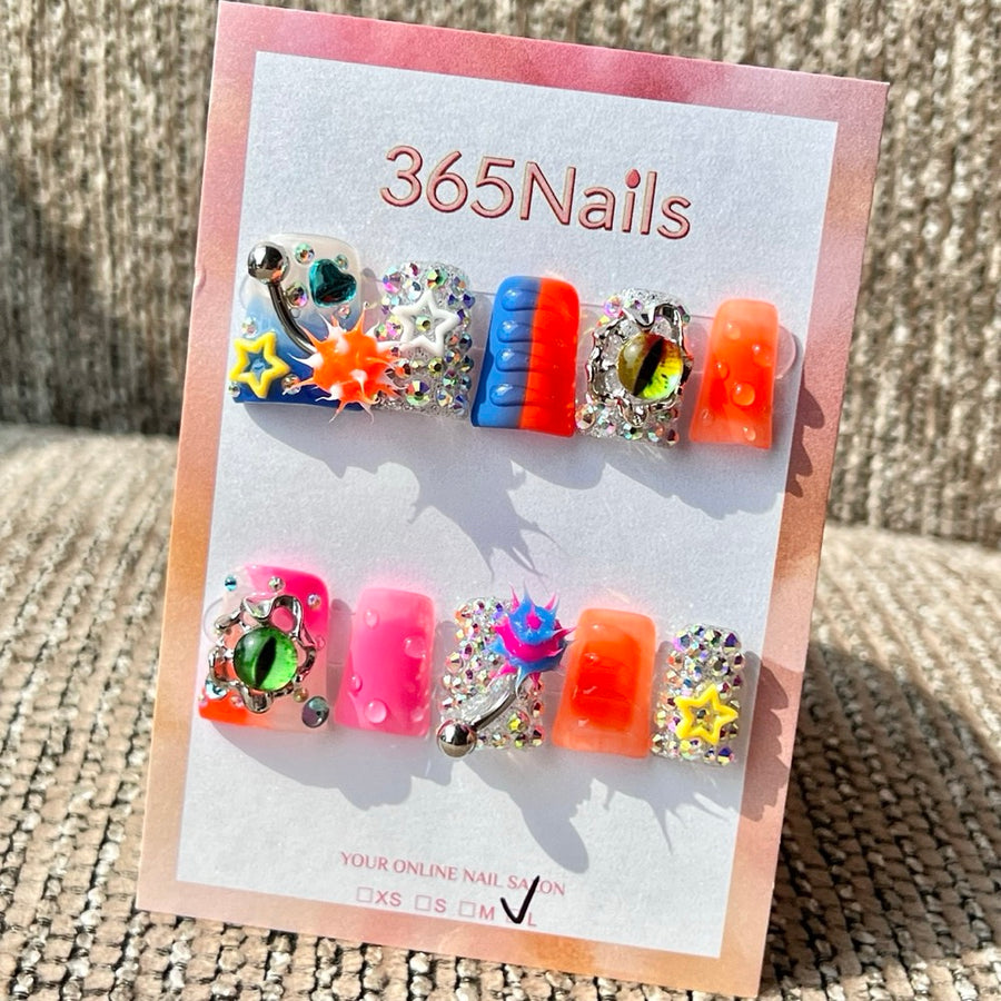 365nails: "Colorful Monster Eye Star Short" – Handmade Short Trapezoid Press-On Nails