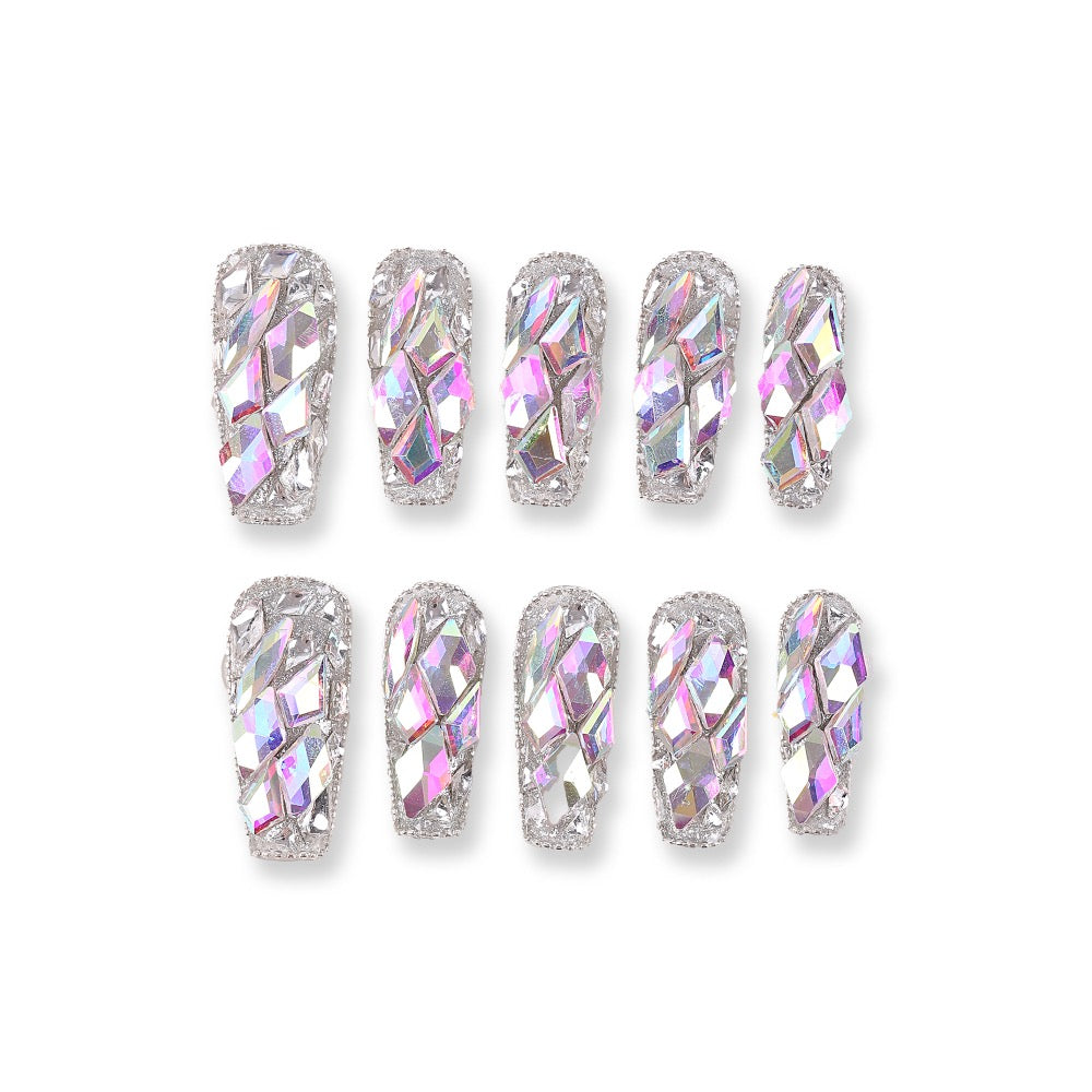 365Nails Mirror Silver with Full AB Crystal “Ice Bricks” – Ultra‑Bling Medium‑Long Coffin Press‑On Nails