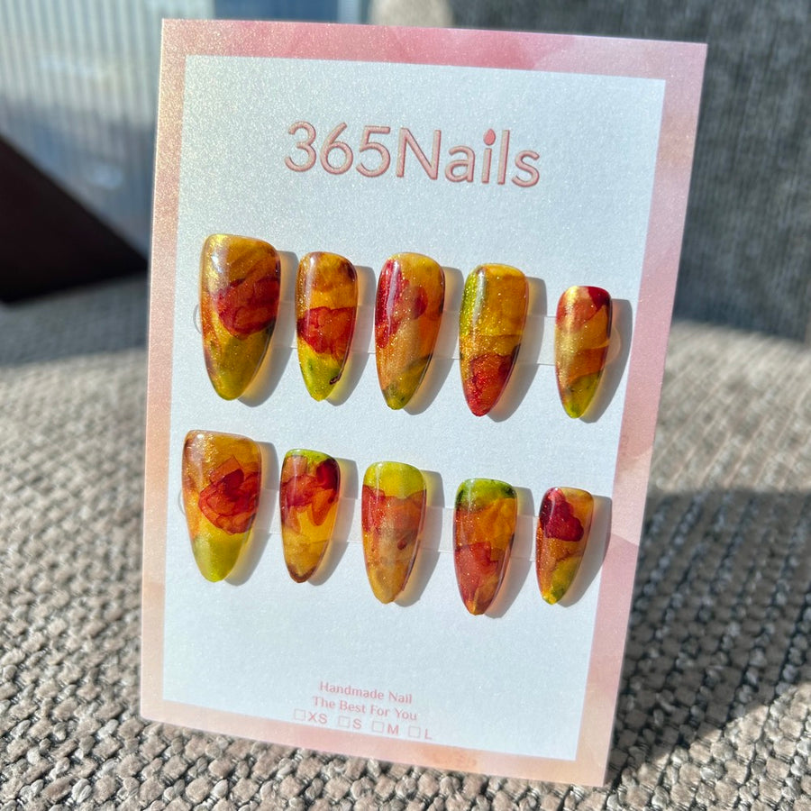 Vintage Tulip & Oil Painting Rose Amber Gold Nails｜Handmade Smudge Series(moq=30)