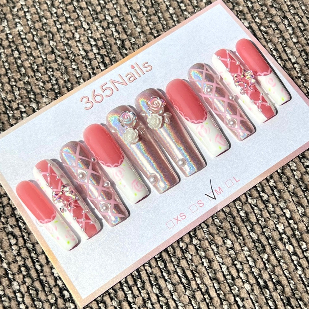 365nails: "Rêve Rosé" – ongles mi-longs faits main, forme amande, 3D fleurs et nœuds